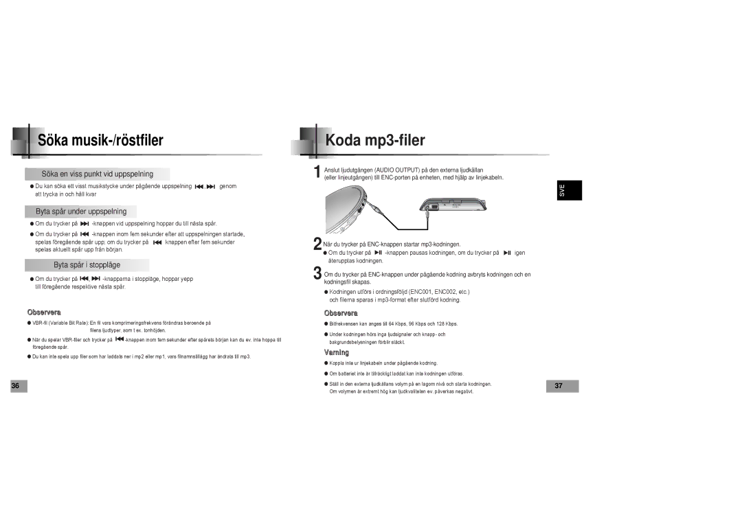 Samsung YP60V1/ELS manual Koda mp3-filer, Söka musik-/röstfiler 