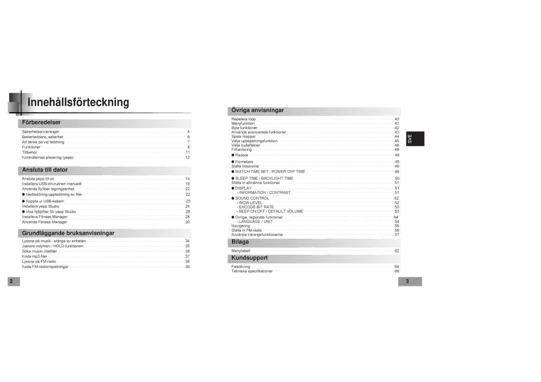 Samsung YP60V1/ELS manual Innehållsförteckning, Förberedelser 