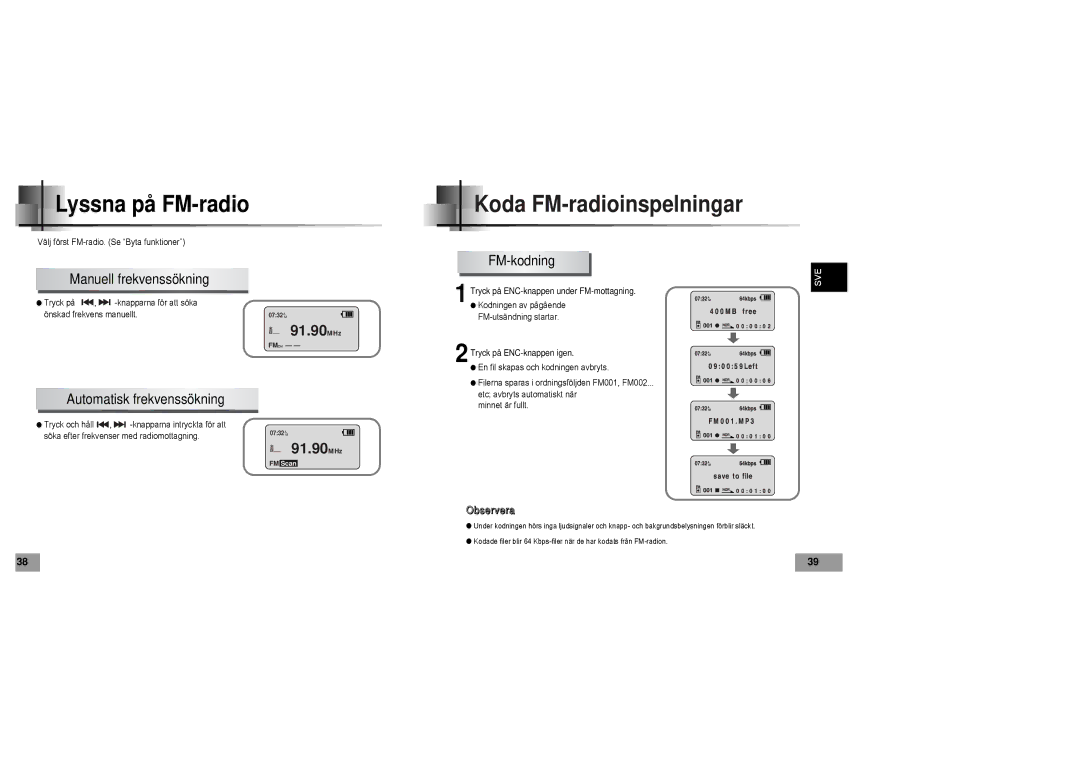 Samsung YP60V1/ELS Lyssna på FM-radio, Koda FM-radioinspelningar, Manuell frekvenssökning, Automatisk frekvenssökning 