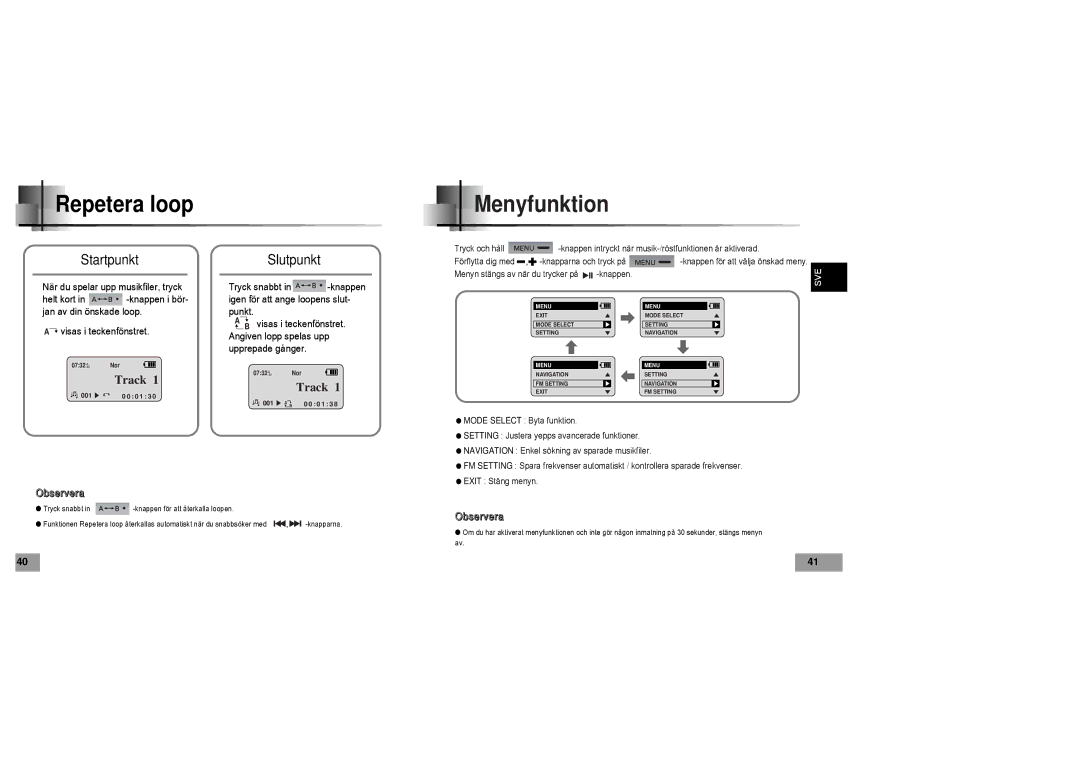 Samsung YP60V1/ELS manual Repetera loop, Menyfunktion, Startpunkt, Slutpunkt 