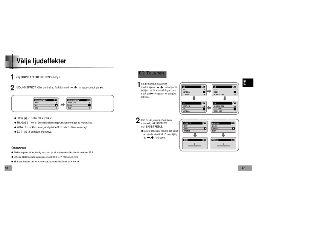 Samsung YP60V1/ELS manual Välja ljudeffekter, EQ Equalizer 