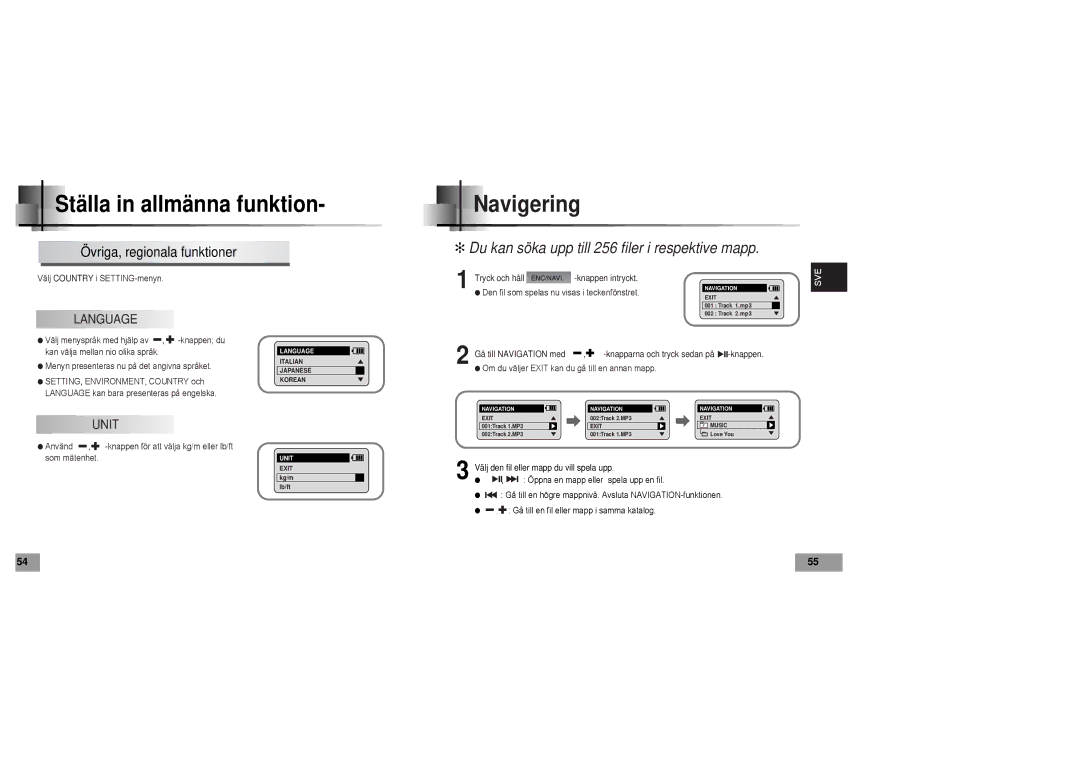 Samsung YP60V1/ELS manual Ställa in allmänna funktion, Navigering, Övriga, regionala funktioner 