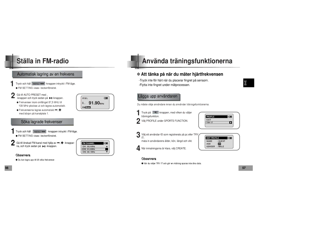 Samsung YP60V1/ELS manual Ställa in FM-radio, Använda träningsfunktionerna, Automatisk lagring av en frekvens 