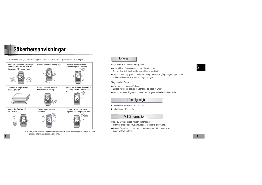 Samsung YP60V1/ELS manual Säkerhetsanvisningar, Hörlurar, Lämplig miljö, Miljöinformation 