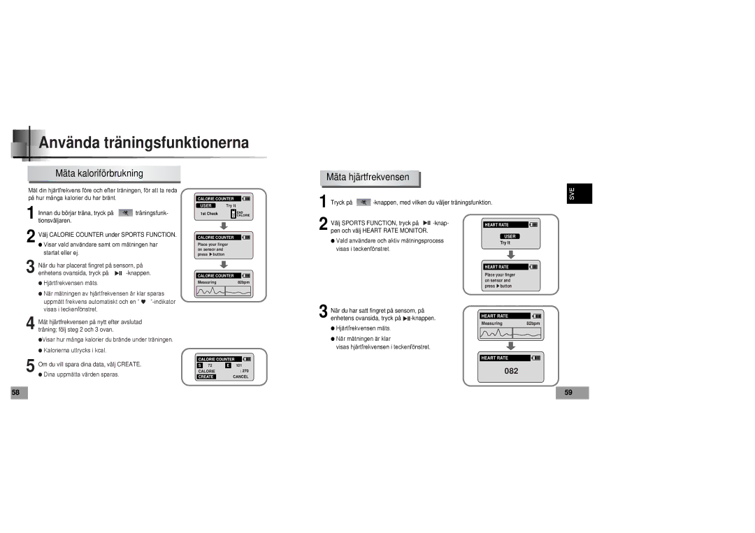 Samsung YP60V1/ELS manual Mäta kaloriförbrukning, Mäta hjärtfrekvensen 