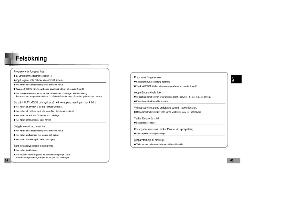 Samsung YP60V1/ELS manual Felsökning, Epp fungerar inte och teckenfönstret är tomt 