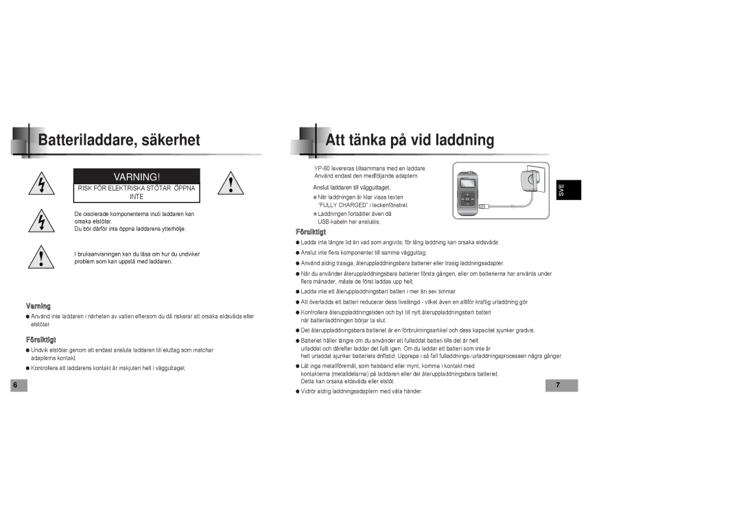 Samsung YP60V1/ELS manual Batteriladdare, säkerhet, Att tänka på vid laddning 