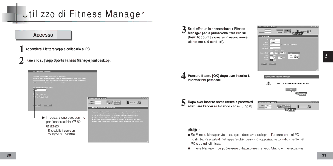 Samsung YP60V2/ELS manual Utilizzo di Fitness Manager, Accesso 