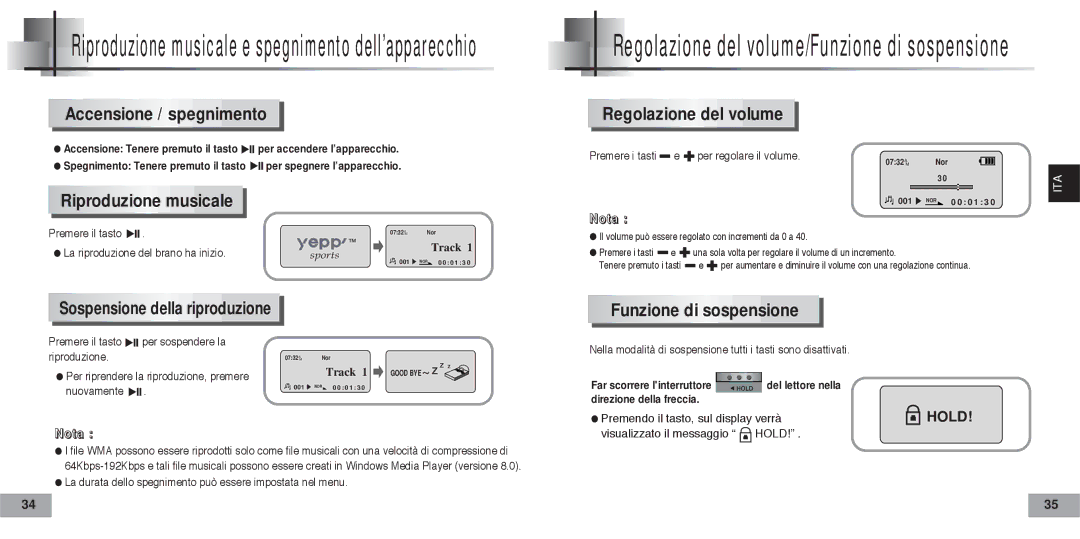 Samsung YP60V2/ELS manual Accensione / spegnimento, Riproduzione musicale, Regolazione del volume, Funzione di sospensione 