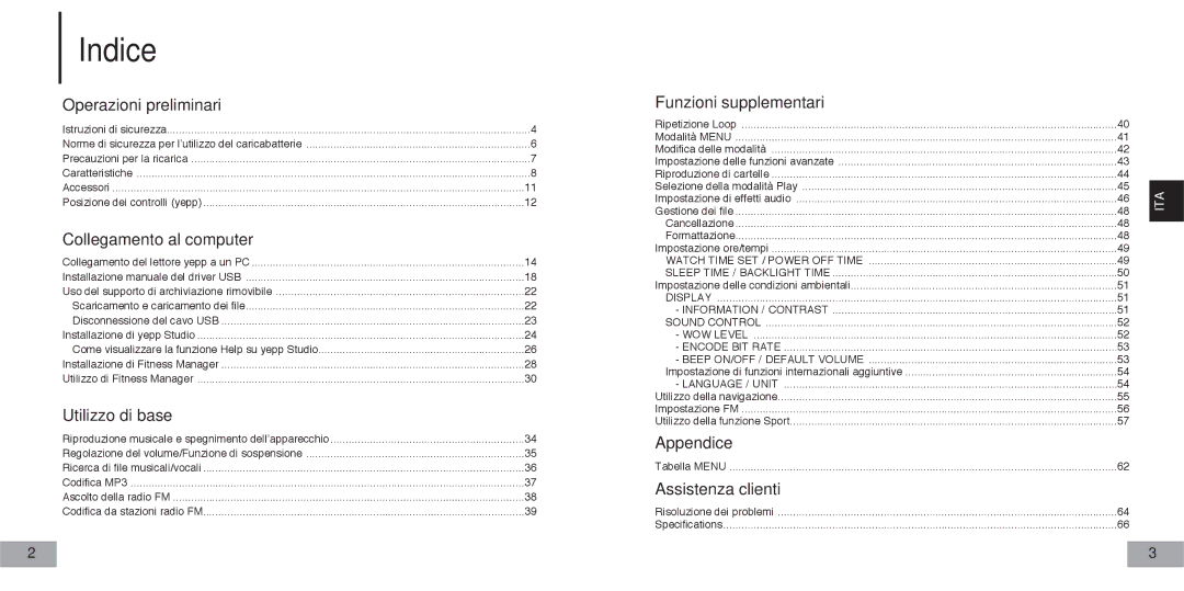 Samsung YP60V2/ELS manual Indice, Operazioni preliminari 