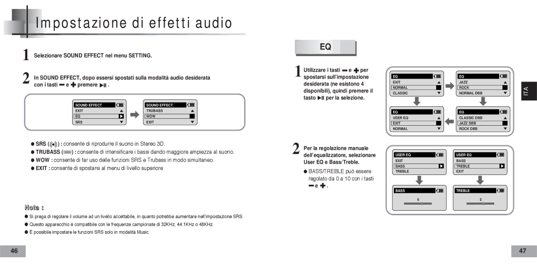 Samsung YP60V2/ELS manual Impostazione di effetti audio, Premere 