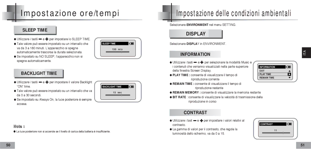 Samsung YP60V2/ELS manual Selezionare Environment nel menu Setting, Utilizzare i tastii e per impostare lo Sleep Time 