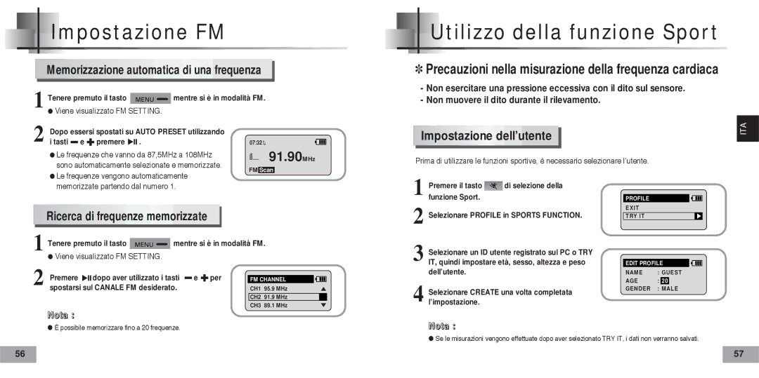 Samsung YP60V2/ELS manual Impostazione FM, Memorizzazione automatica di una frequenza, Impostazione dell’utente 