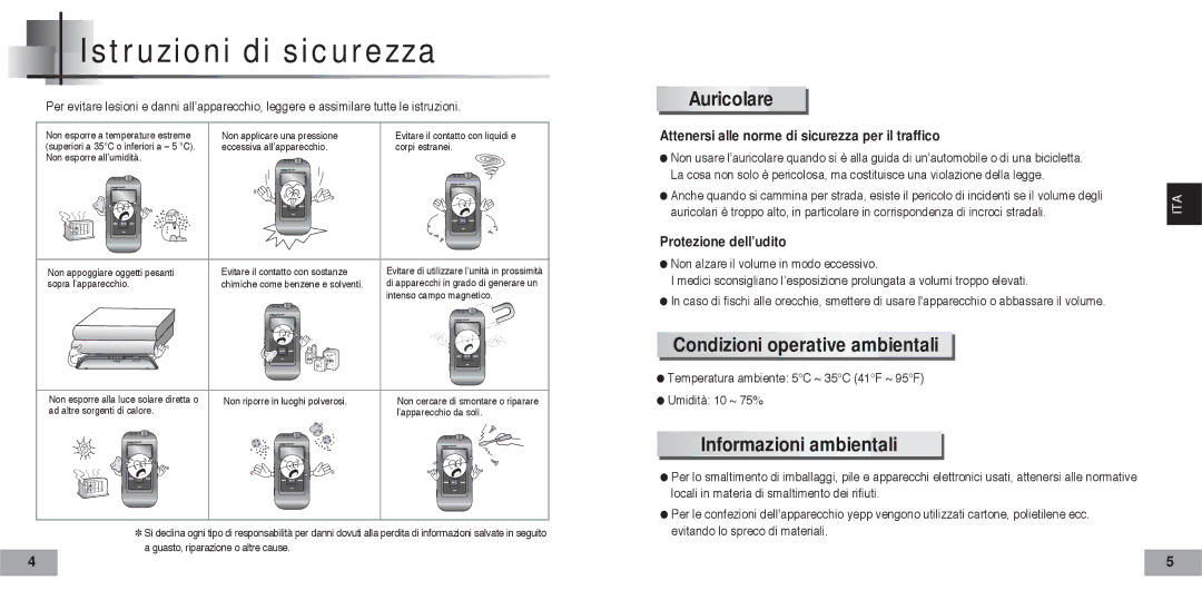 Samsung YP60V2/ELS manual Istruzioni di sicurezza, Auricolare, Condizioni operative ambientali, Informazioni ambientali 