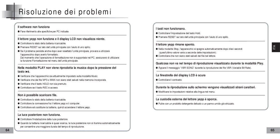 Samsung YP60V2/ELS manual Risoluzione dei problemi, Non è possibile scaricare file 