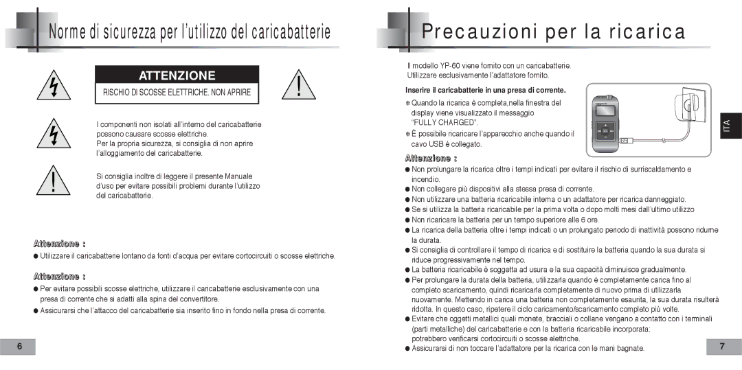 Samsung YP60V2/ELS manual Precauzioni per la ricarica 