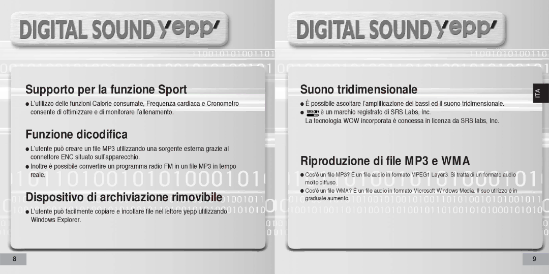 Samsung YP60V2/ELS manual Supporto per la funzione Sport 