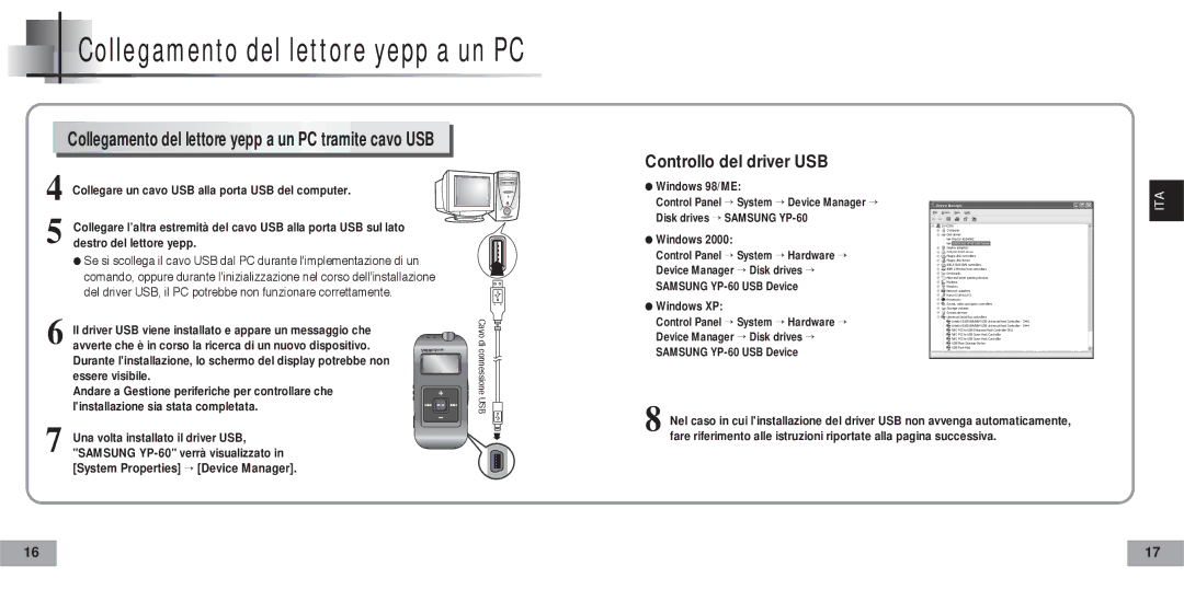 Samsung YP60V2/ELS manual Collegamento del lettore yepp a un PC tramite cavo USB 