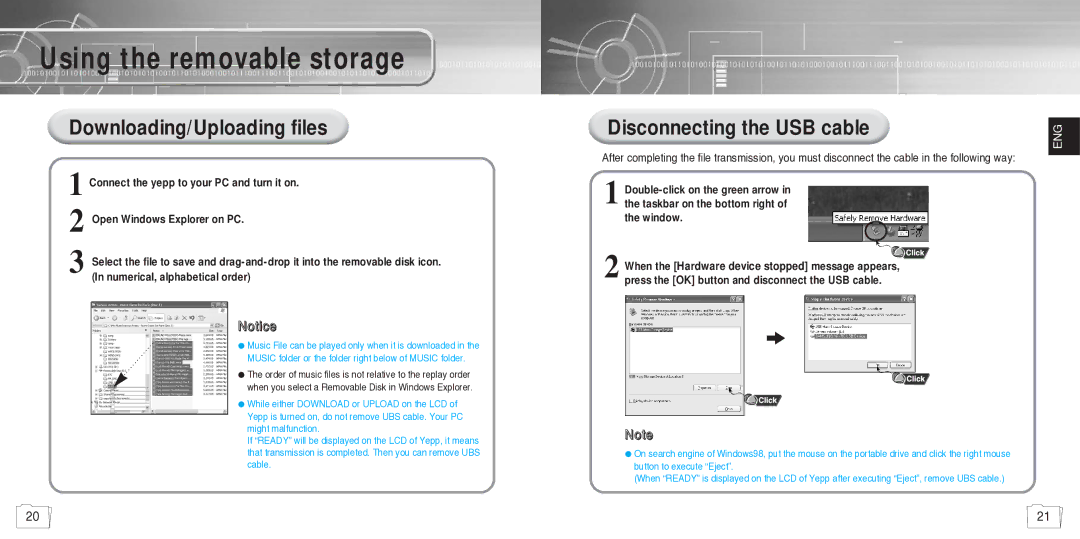 Samsung YP780V1/ELS manual Using the removable storage, Downloading/Uploading files, Disconnecting the USB cable 