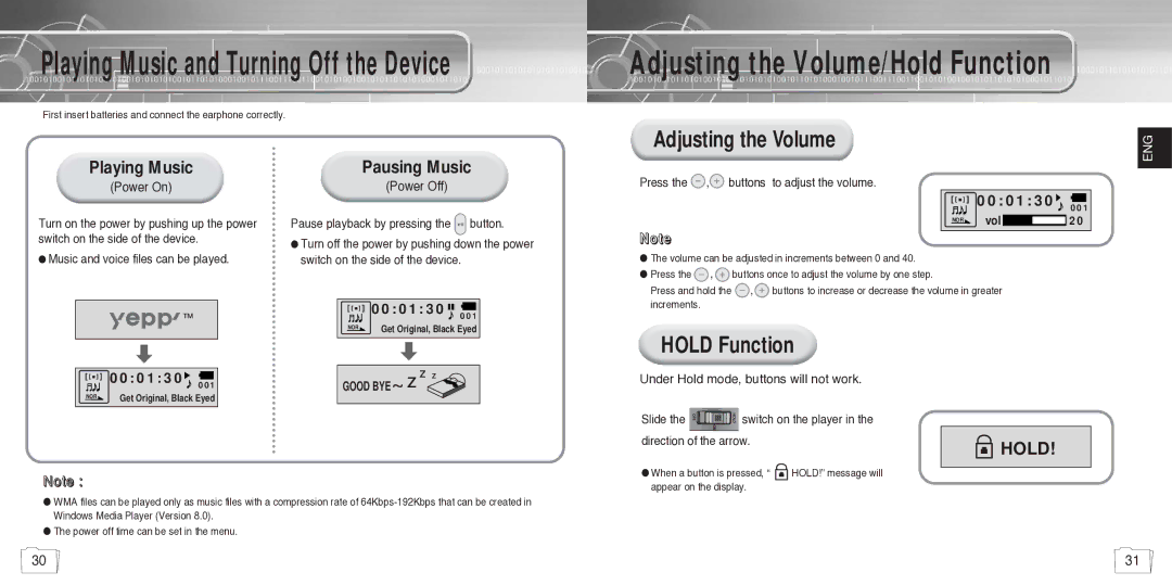 Samsung YP780V1/ELS manual Adjusting the Volume, Hold Function, Playing Music, Pausing Music 