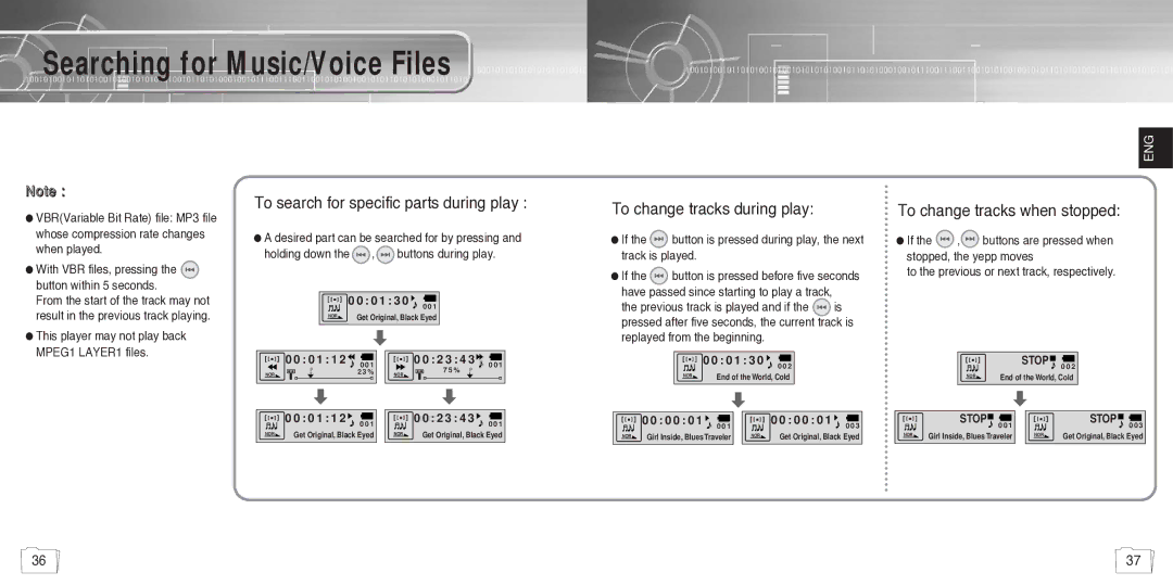 Samsung YP780V1/ELS manual Searching for Music/Voice Files, To search for specific parts during play 