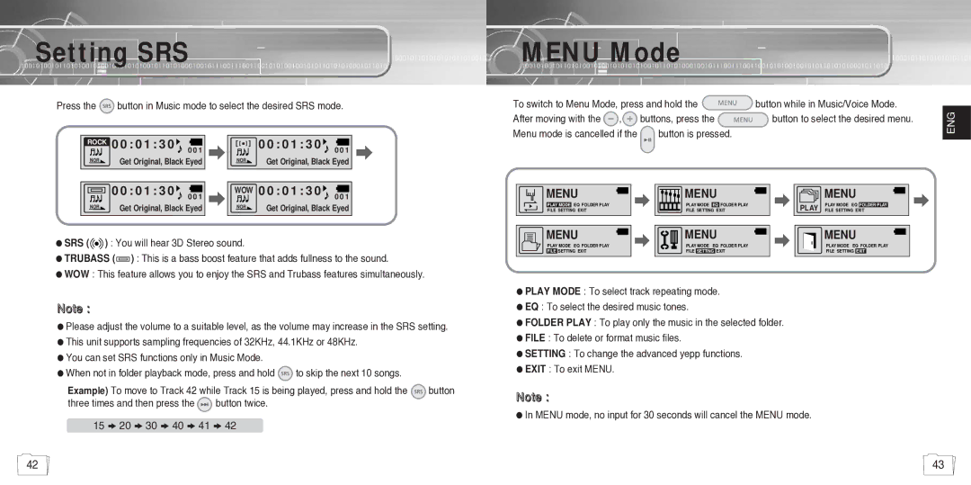 Samsung YP780V1/ELS manual Setting SRS, Menu Mode 