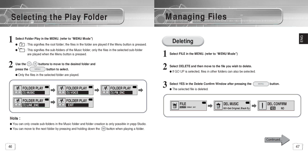 Samsung YP780V1/ELS manual Selecting the Play Folder, Managing Files 