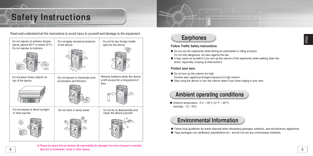 Samsung YP780V1/ELS manual Safety Instructions, Earphones, Ambient operating conditions, Environmental Information 