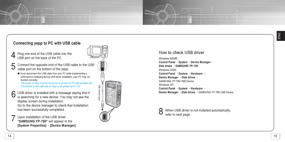 Samsung YP780V1/ELS manual Connecting yepp to PC with USB cable, How to check USB driver 