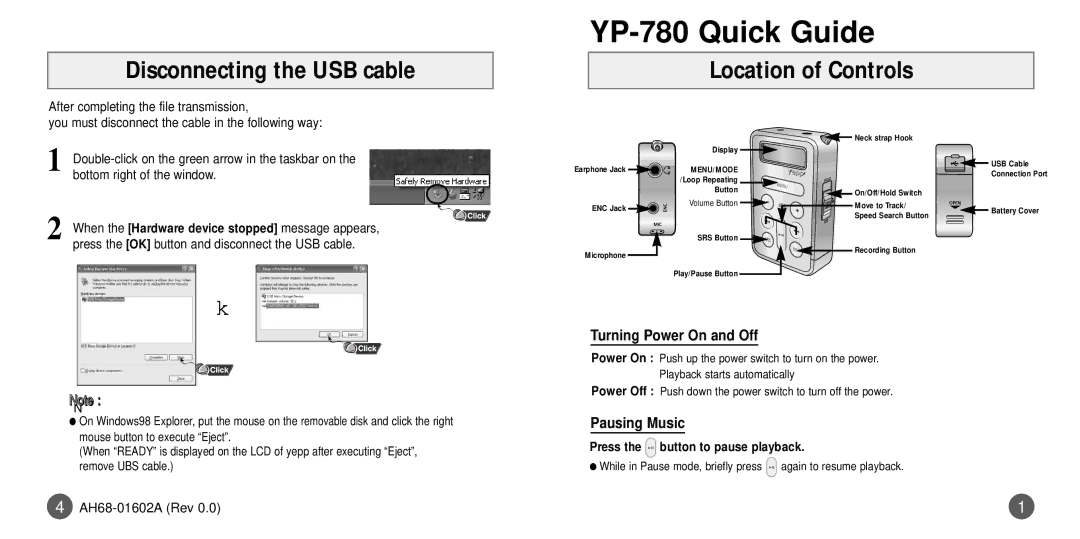 Samsung YP780V1/ELS manual YP-780 Quick Guide, Disconnecting the USB cable, Location of Controls, Turning Power On and Off 