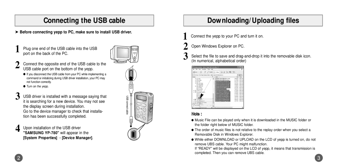 Samsung YP780V1/ELS manual Connecting the USB cable, Downloading/Uploading files 