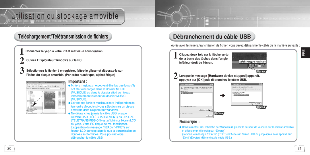 Samsung YP780V1/ELS manual Utilisation du stockage amovible, Téléchargement/Télétransmission de fichiers 