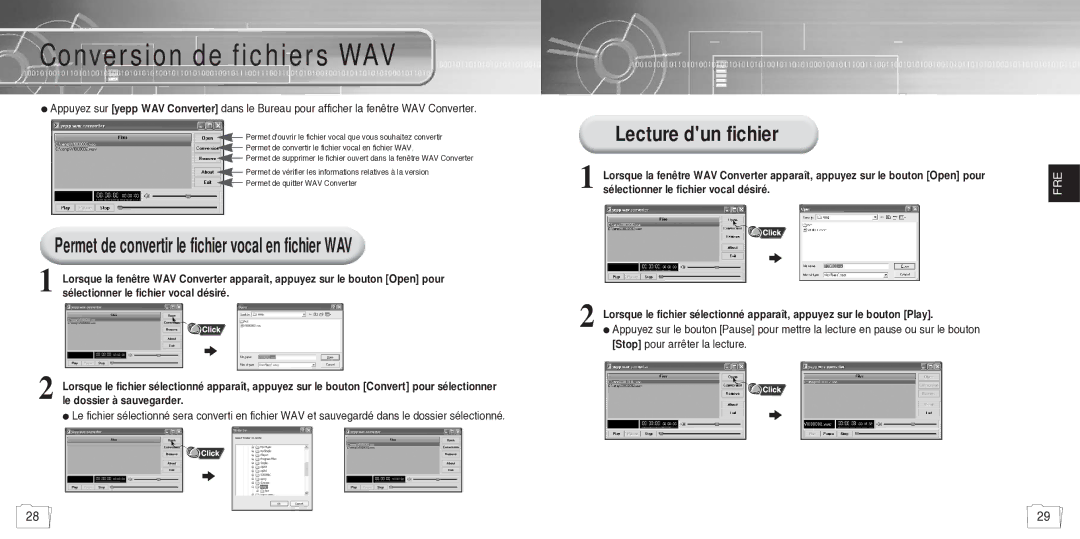 Samsung YP780V1/ELS Conversion de fichiers WAV, Permet de convertir le fichier vocal en fichier WAV, Lecture dun fichier 