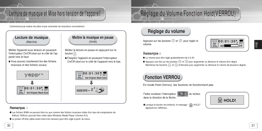 Samsung YP780V1/ELS manual Réglage du volume, Fonction Verrou, Lecture de musique, Mettre la musique en pause 