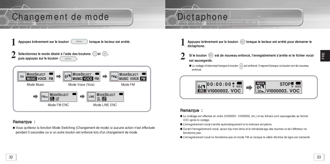 Samsung YP780V1/ELS manual Changement de mode, Dictaphone 