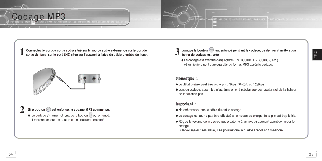 Samsung YP780V1/ELS manual Codage MP3, Si le bouton est enfoncé, le codage MP3 commence 