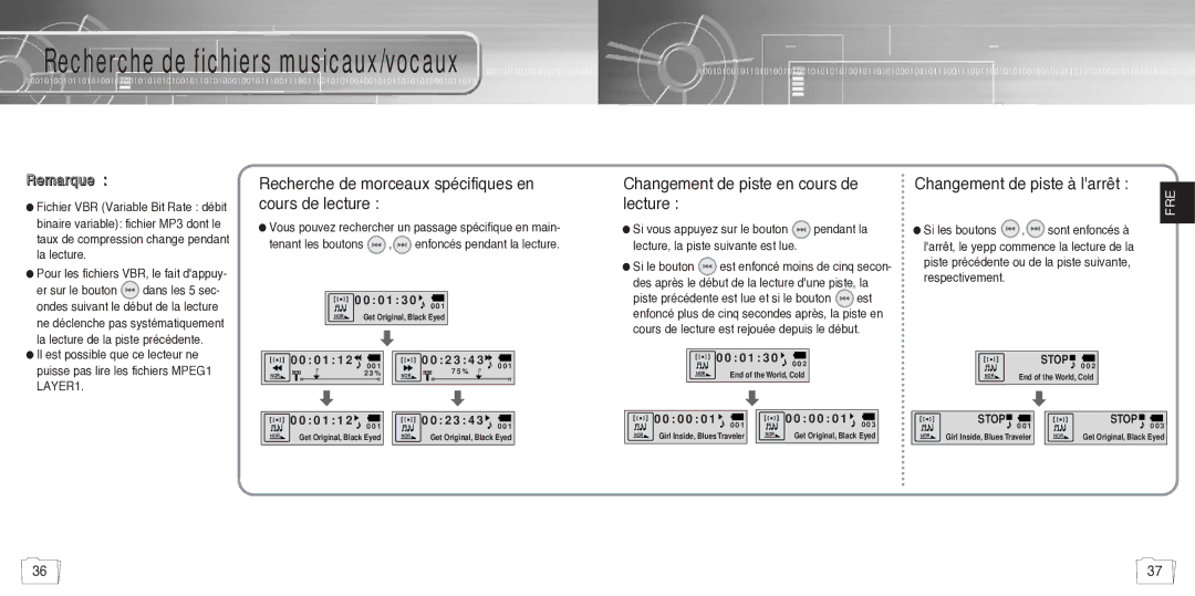 Samsung YP780V1/ELS manual Recherche de fichiers musicaux/vocaux, Recherche de morceaux spécifiques en cours de lecture 