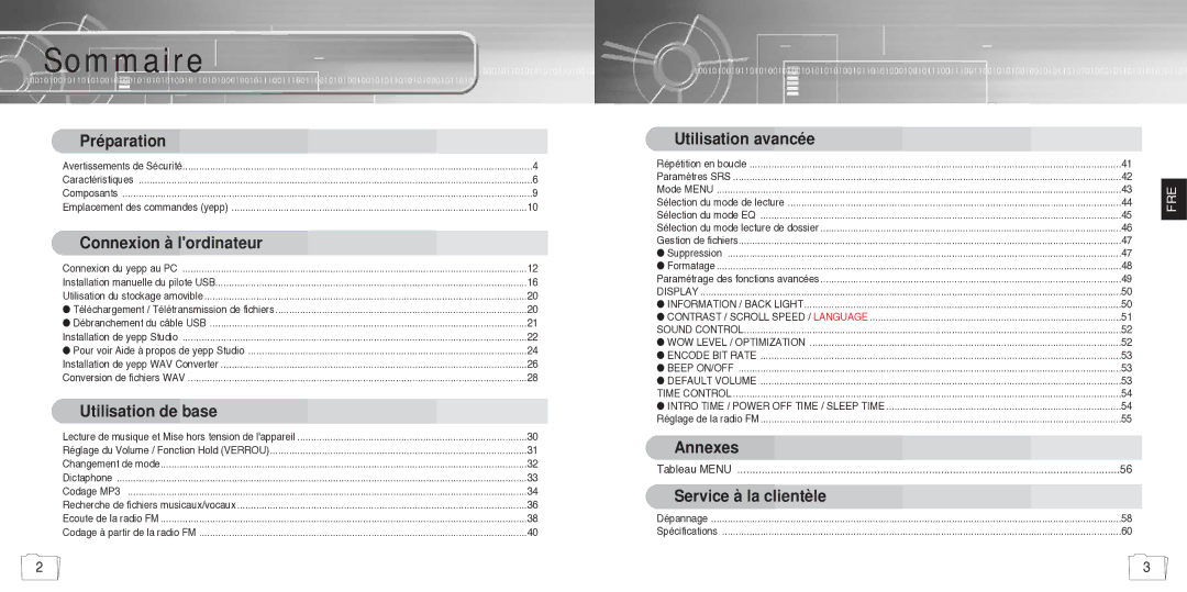 Samsung YP780V1/ELS manual Sommaire, Connexion à lordinateur 