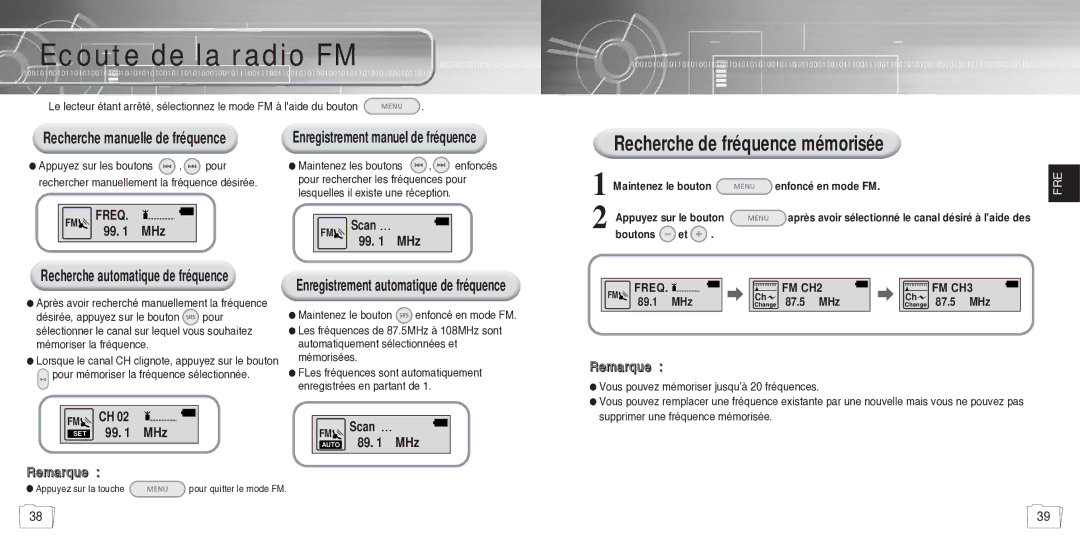 Samsung YP780V1/ELS manual Ecoute de la radio FM, Recherche de fréquence mémorisée, Recherche manuelle de fréquence 