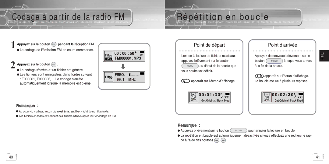 Samsung YP780V1/ELS manual Codage à partir de la radio FM, Répétition en boucle 