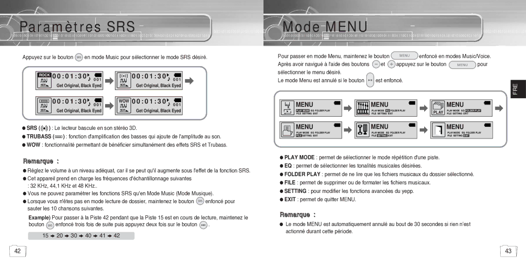 Samsung YP780V1/ELS manual Paramètres SRS, Mode Menu 