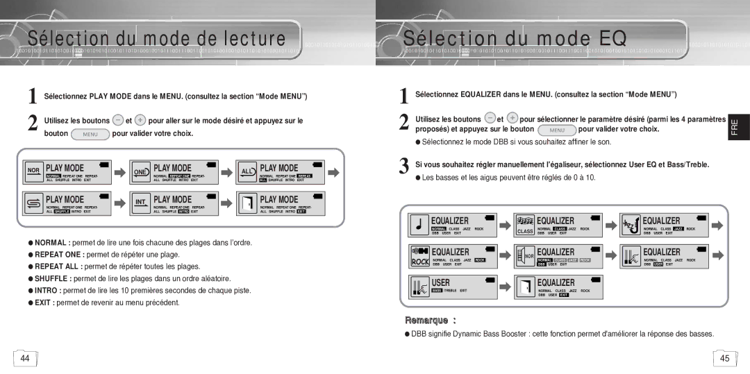 Samsung YP780V1/ELS manual Sélection du mode de lecture, Sélection du mode EQ 