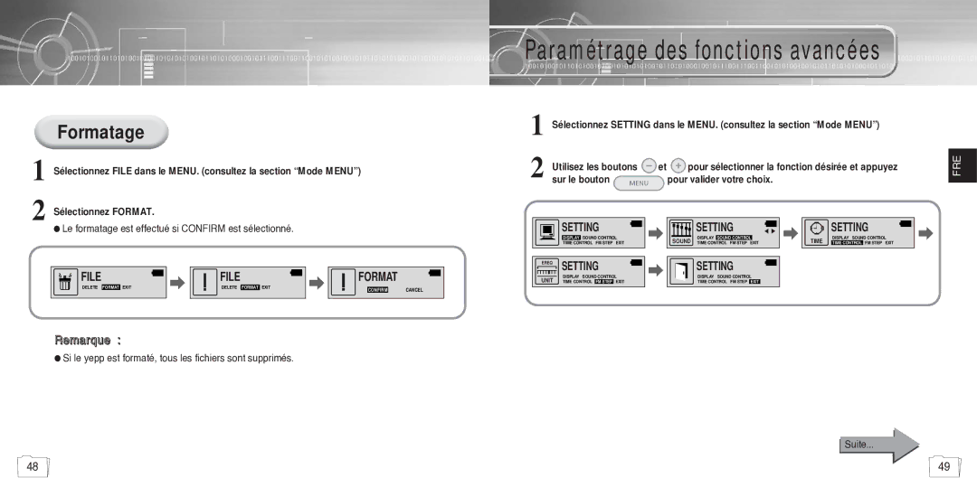 Samsung YP780V1/ELS manual Paramétrage des fonctions avancées, Formatage 