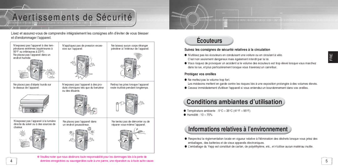 Samsung YP780V1/ELS manual Avertissements de Sécurité, Écouteurs, Conditions ambiantes d’utilisation 