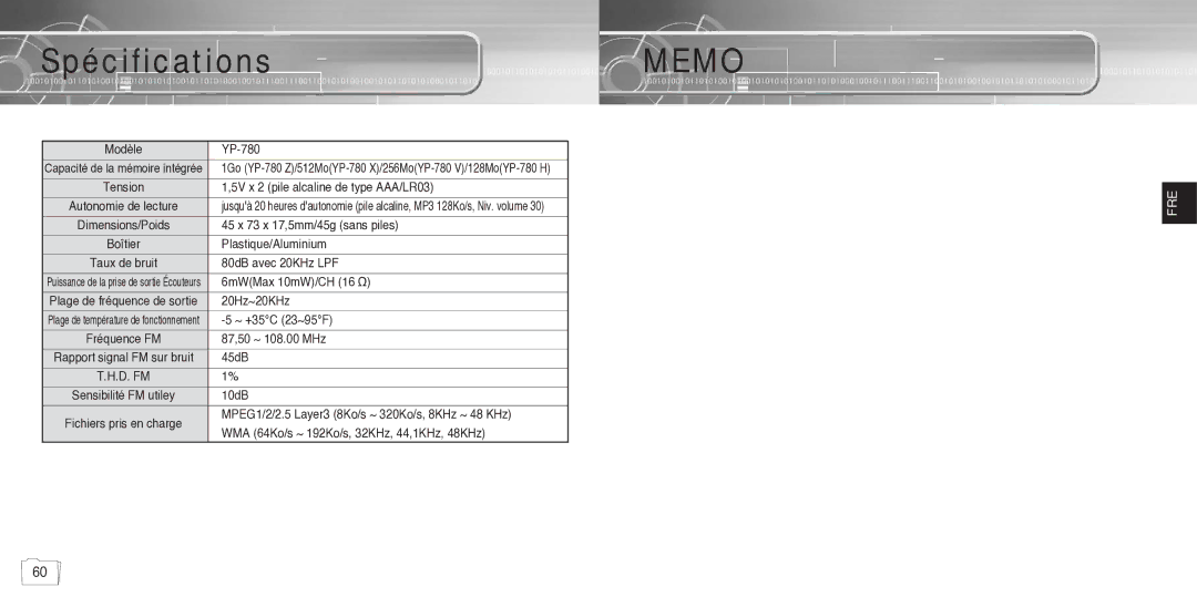 Samsung YP780V1/ELS manual SpécificationsMEMO 