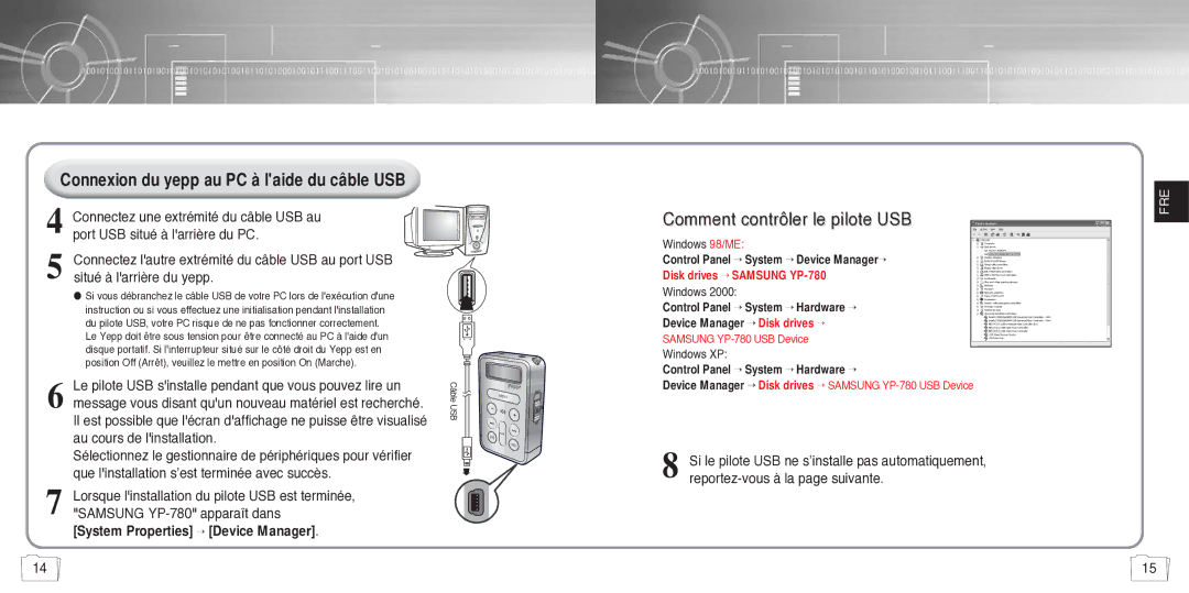 Samsung YP780V1/ELS Connexion du yepp au PC à laide du câble USB, Le pilote USB sinstalle pendant que vous pouvez lire un 