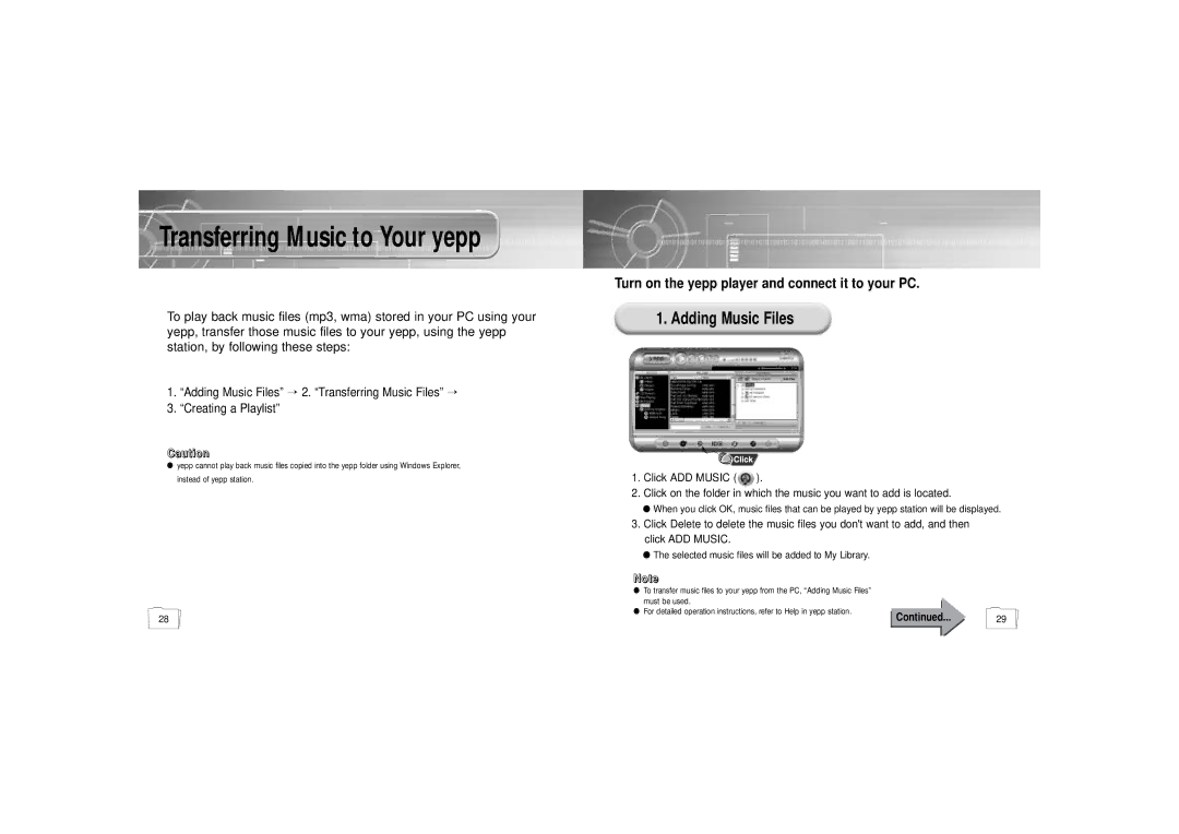 Samsung YP900GS2/ELS manual Adding Music Files, Turn on the yepp player and connect it to your PC 