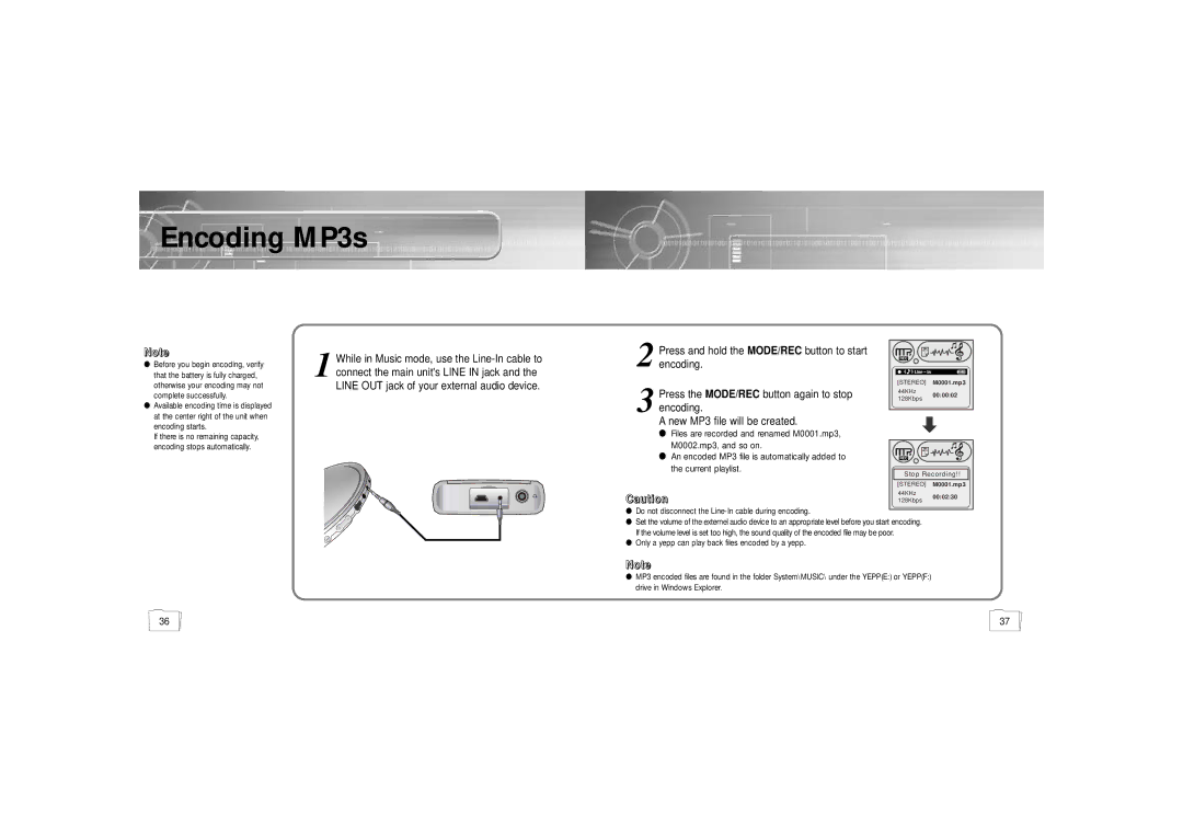 Samsung YP900GS2/ELS manual Encoding MP3s, CCaauuttiioonn 