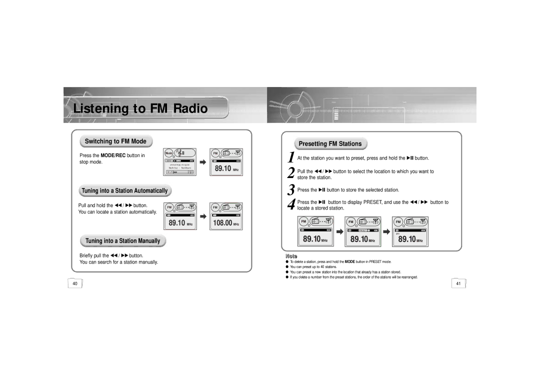 Samsung YP900GS2/ELS manual Listening to FM Radio, Switching to FM Mode, Presetting FM Stations 