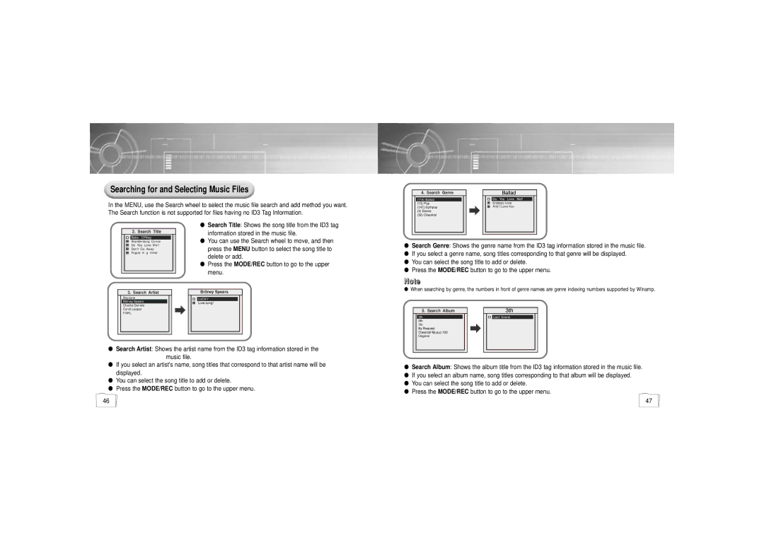 Samsung YP900GS2/ELS manual Searching for and Selecting Music Files 